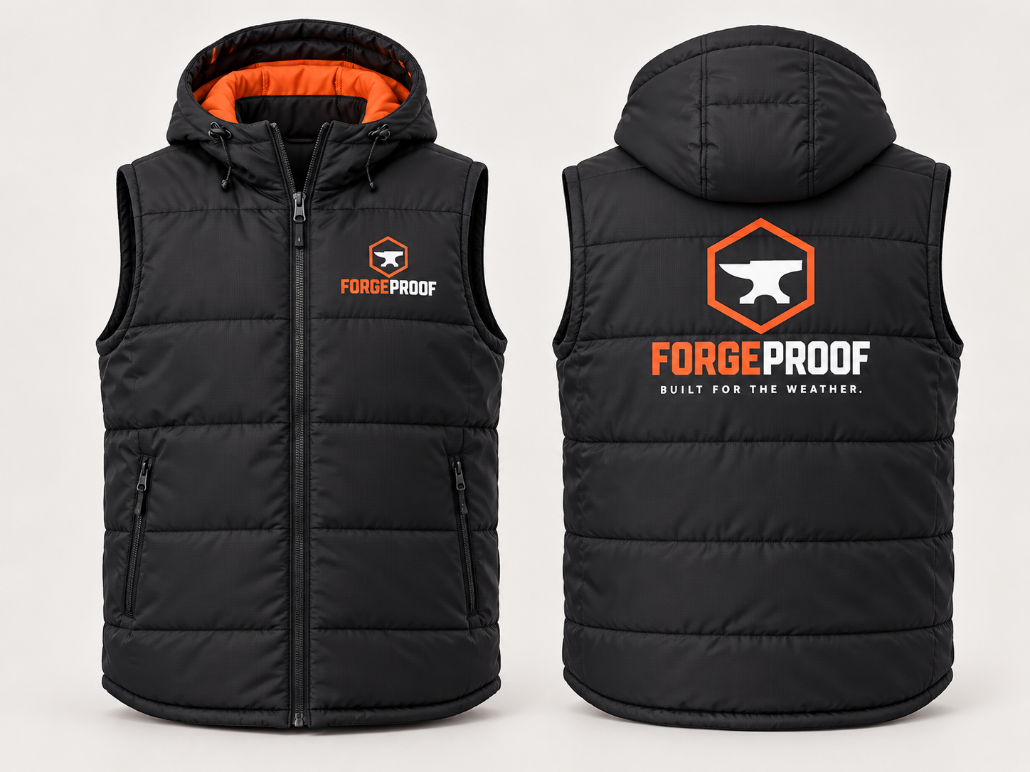 Front and back concept of a black Forgeproof insulated hooded gilet